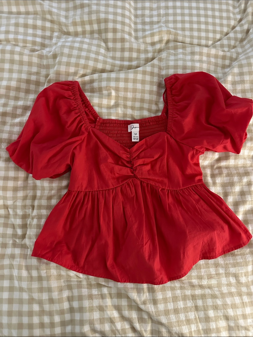 Japna Red Puff-Sleeve Peplum Top